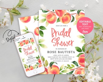 Peach Bridal Shower Invitation, Georgia Peach Theme Wedding Shower Invitation Template, Summer Bridal Shower Invite, Editable Download  0337