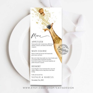 Menükartenvorlage für Brunch und Sekt, Champagner-Verlobungsmenükartenvorlage, Hochzeitsjubiläumsmenü, bearbeitbare Abendessen-Menükarte TW 222