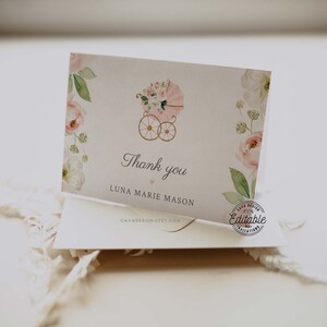 Biglietto di ringraziamento per ragazza floreale rosa, biglietto di ringraziamento per passeggino rosa, biglietto di ringraziamento stampabile per baby shower da giardino 0350GR