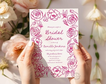 May include: A white bridal shower invitation with pink floral illustrations and the text "Please join us for a Bridal Shower in honor of Camille Jenkins, Saturday July 25 at + 0:00 PM, the Jenkins home, 233 the walnut grove dr, san francisco ca, registered on amazon, RSVP to eve at 555-555-5555".
