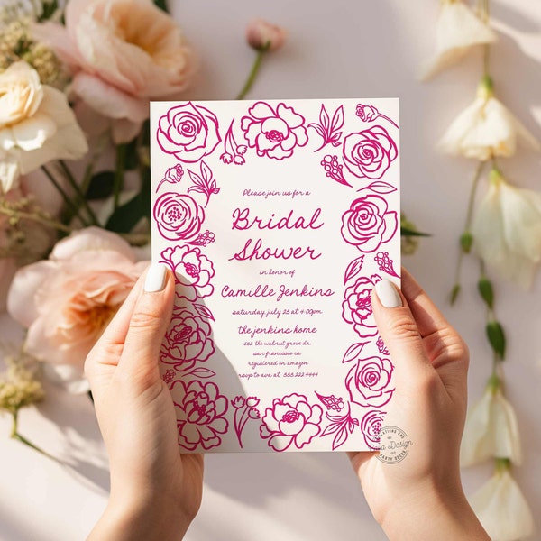 Hand Drawn Bridal Shower Invitation, Pink Flower Border Invite, Floral Bridal Shower, Garden Party Invite, Invitation Template -- WD 0281