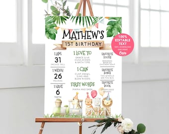 May include: A printable first birthday milestone poster for a boy named Mathew. The poster features a jungle theme with green leaves, a train, and animal illustrations. It includes details like height, weight, favorite foods, songs, and books.