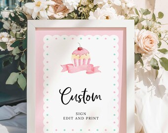 Backparty Schild Vorlage, bearbeitbares Backen Geburtstagsschild, Cupcake & Donut Party druckbar, benutzerdefinierte Bäckerei Geburtstagsschild, druckbares Schild, 0327