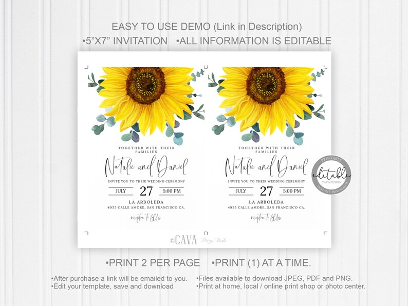 Sunflower Wedding Invitation, Sunflower Invitation, Wedding Invitation, Rustic Wedding Invitation, Country Wedding, Instant Download, 0280S image 5