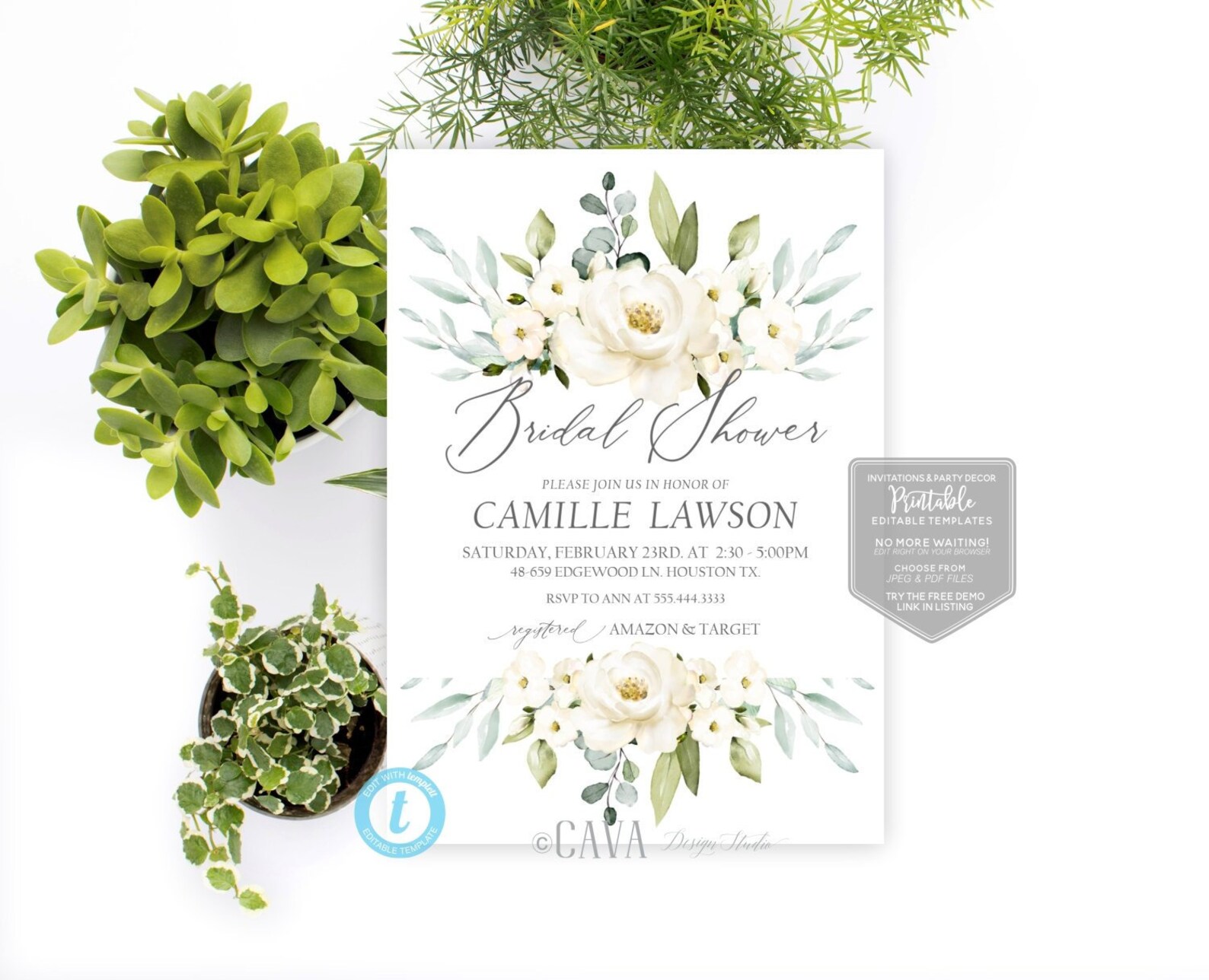 Bridal Shower Printable Invite White Flower Bridal Shower Etsy