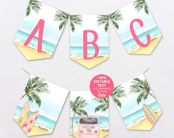 May include: A printable banner with a beach theme. The banner features palm trees, a beach scene, and the letters A, B, and C. The banner is 100% editable text and can be downloaded and sent using Canva.