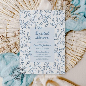 Blue Floral Vintage Bridal Shower Invitation