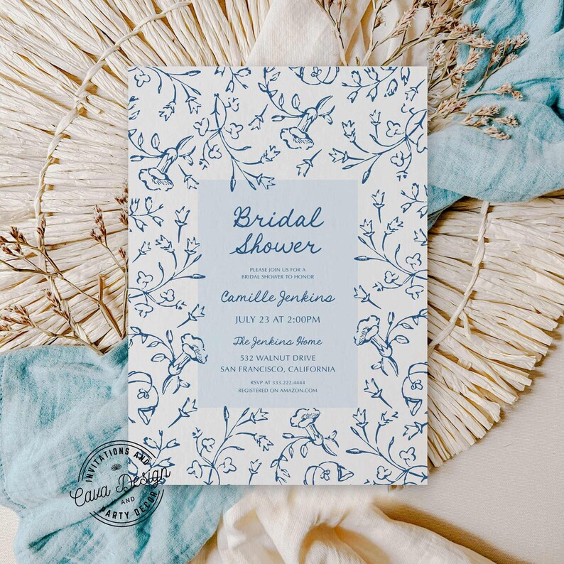 Blue Floral Vintage Bridal Shower Invitation