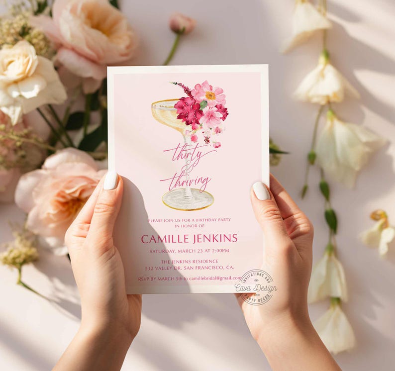 May include: Pink and white birthday party invitation with a champagne flute illustration and floral accents. The text reads "thirty & thriving" and includes the party details: date, time, location, and RSVP information.