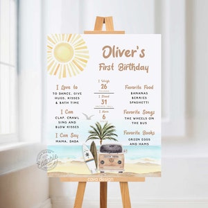 Cartel de hito del primer cumpleaños de la playa neutral de género, cartel imprimible del hito del primer cumpleaños de Surf&#39;s Up, signo de cumpleaños del hito de la playa 0293GN