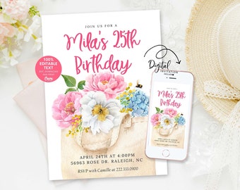 Editable Flower Garden Party Invitation, Spring Birthday Invite, Printable Floral Boho Party Invitation, Digital Invitation Template, 0333