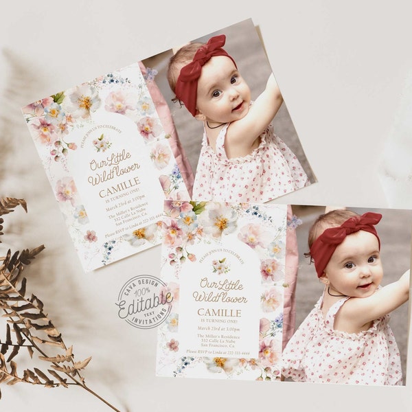 Wildflower 1st Birthday Photo Invitation, Boho Spring Floral Invitation, Garden Birthday Party Invite, Our little Wildflower Invite, WD 229