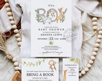 Safari Baby Shower Invitation, Jungle Baby Shower, It's a Boy Baby Shower Invitation, Elefant Giraffe Baby Shower Invitation Template 261