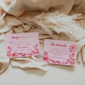 Rosa und rote RSVP- und Detailkarte, Hot Pink Hochzeitsthema, Detailkarte, skurrile Hochzeit, handgezeichnet, RSVP- und Detailkarte VORLAGE 0281