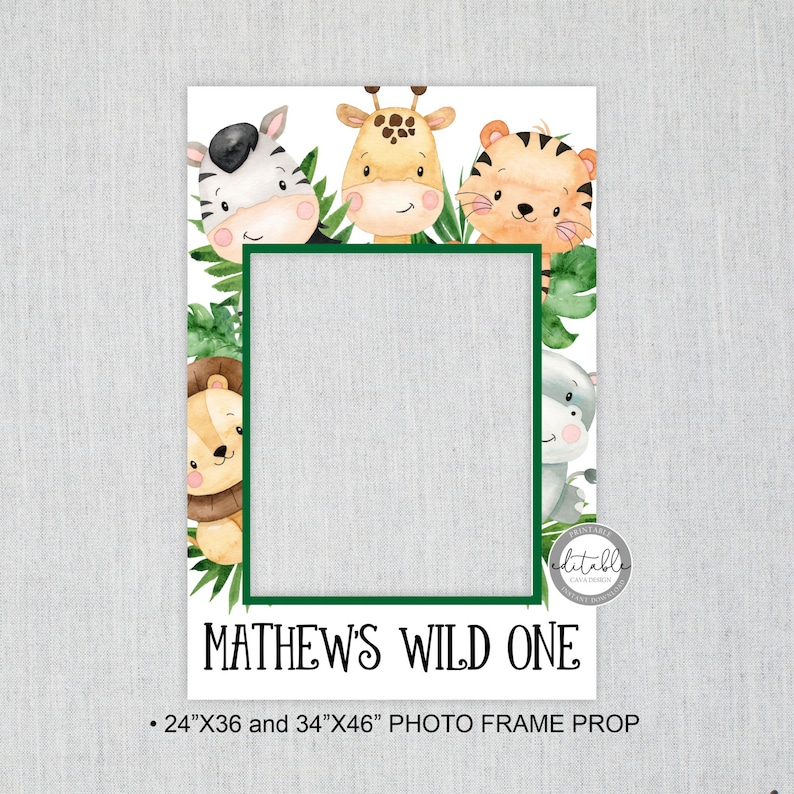 Safari Photo Prop Frame Birthday, Photo Booth Frame, Jungle Theme Birthday Party, Party Theme Photo Frame, Editable Printable 238G image 1