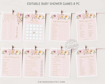 Pink Floral Baby Shower Game Bundle, Baby Shower Editable Games, Girl Baby Shower, Shower Activities, Baby Shower Instant Download, 239B