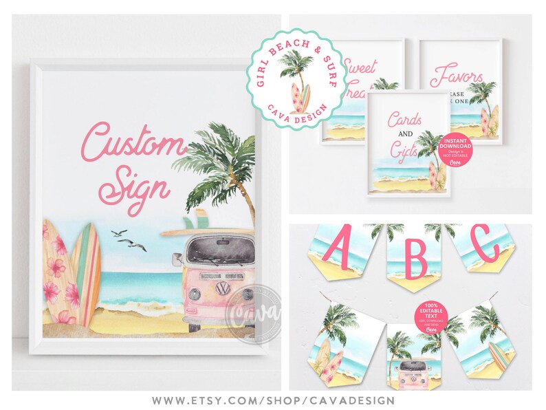 Girl Beach Birthday Party Invitation Bundle, Girl Summer Birthday Invitation Set, Birthday Milestone, Editable Printable Templates, BSG 0293 image 7