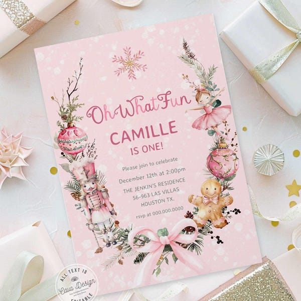 Winter Nutcracker First Birthday Invitation: Pink Greenery (Editable)