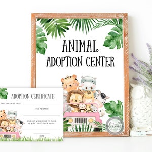 May include: A printable sign for an animal adoption event. The sign features a pink jeep with a group of cartoon animals, including a tiger, a hippopotamus, a giraffe, a monkey, and a zebra. The sign says "Animal Adoption Center" in black text.