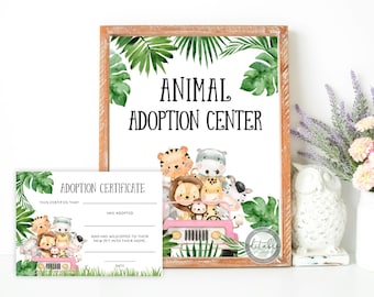 Girl Safari Themed Adopt a Pet Certificate, Wild One Birthday Signs, INSTANT DOWNLOAD, Printables BRTH 238P
