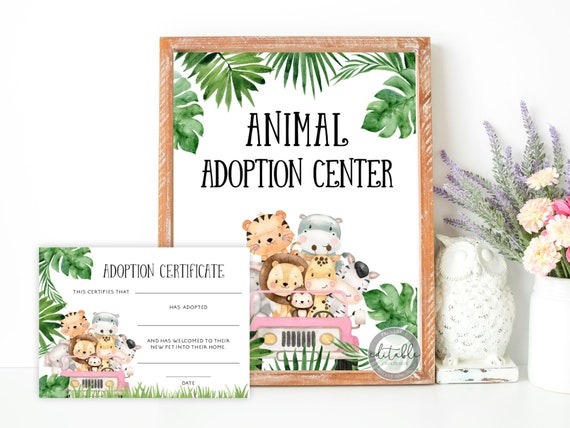 Girl Safari Themed Adopt a Pet Certificate, Wild One Birthday Signs, INSTANT DOWNLOAD, Printables BRTH 238P