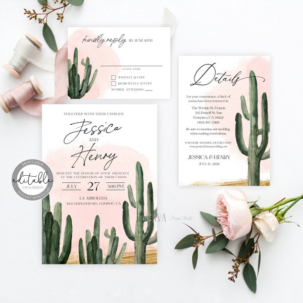 Plantilla de invitación de boda de cactus, conjunto de invitación de boda imprimible, DESCARGA INSTANTÁNEA, WEDD_201