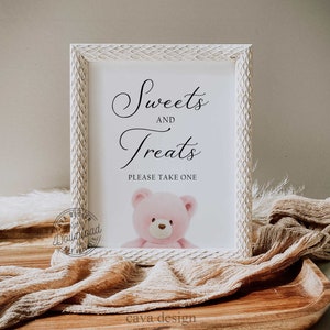 Sweets and Treats Pink Teddy Bear Sign, Bear Baby Shower Table Signs, Dessert Table Sign, Instant Download, WD 224-P