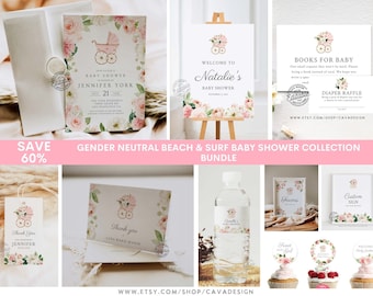 Garden Girl Baby Shower Bundle | Pink Floral Baby Shower | Spring Baby Shower Bundle | Girl Baby Shower Invitation Template 0350 GR