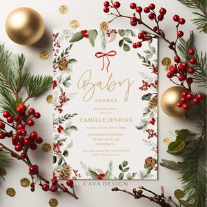 Red Mistletoe Christmas Baby Shower Invitation, Christmas Baby Shower, Invite, Gender Neutral, Baby Shower Invitation TEMPLATE WD 0404