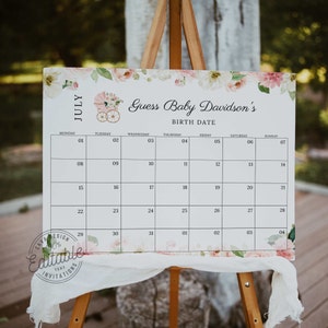 Rosa Blumen Baby Shower Erraten Fälligkeit Kalender Spiel, Mädchen Baby Shower Spiel, Fälligkeit Poster, Baby Kalender, Sofort Download 0350GR