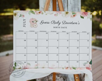 Rosa Blumen Baby Shower Erraten Fälligkeit Kalender Spiel, Mädchen Baby Shower Spiel, Fälligkeit Poster, Baby Kalender, Sofort Download 0350GR