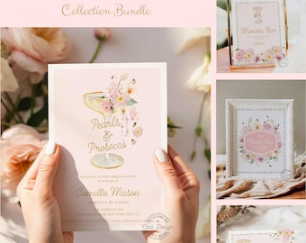 Pearls and Prosecco Bridal Shower Collection, Champagne Bridal Shower Invitation, Blush Bridal Shower, Garden Bridal Shower Bundle, WD 239P