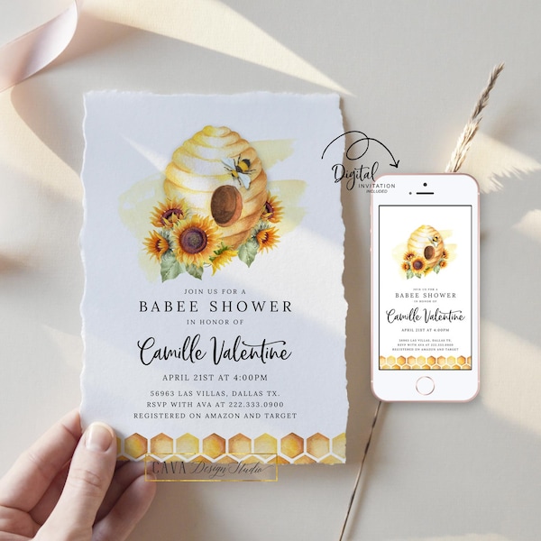 Honey Bee Baby Shower Invitation, Babee Shower Invitation, Bee Baby Shower Invite, Mommy to Bee Invitation Template Download, 0320