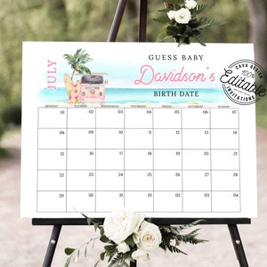 Calendario de fecha de parto de bebé en la playa, juego de adivinar la fecha de nacimiento del bebé, póster de fecha de parto, letrero de predicción de baby shower, adivinar la fecha de llegada, BSG_0293