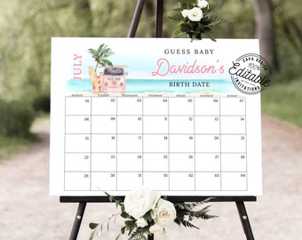 May include: A printable baby shower game with a July calendar. The calendar has a beach theme with a pink and white surfboard and a vintage van. The text "Guess Baby Davidson's Birth Date" is at the top of the calendar.