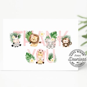 Mädchen Safari Dankeskarte, Es ist eine Mädchen Safari Babyparty Dankeskarte, DRUCKBARE Danke, Dschungel-Babyparty, 0338SGL
