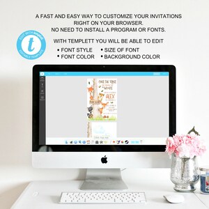 May include: A computer screen displaying a customizable invitation template for a child's birthday party. The invitation features a woodland theme with animals like a fox, owl, and raccoon. The text on the invitation reads "Over the River and Through the Woods" and "Alex".