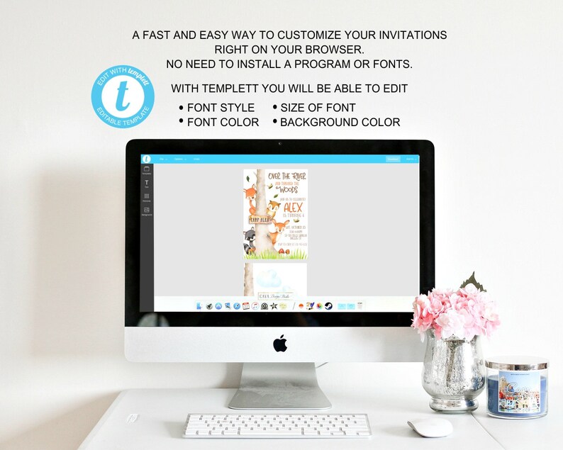 May include: A computer screen displaying a customizable invitation template for a child's birthday party. The invitation features a woodland theme with animals like a fox, owl, and raccoon. The text on the invitation reads "Over the River and Through the Woods" and "Alex".