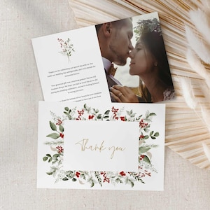 Cartão de agradecimento de casamento com vegetação rústica de inverno, modelo de cartão de agradecimento botânico de inverno, modelo de cartão de agradecimento EDITÁVEL, 0404