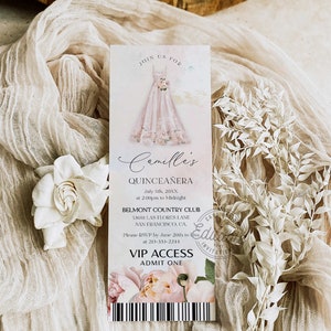 Blush Pink Quinceanera Ticket Invitation: Printable Invite Digital Download  106