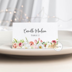 Cartões de buffet para festa de jardim, modelo de cartão de chá de panela floral, etiquetas de comida de aniversário de primavera, cartões de comida imprimíveis editáveis, 0325