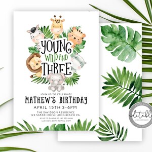 Young Wild and Three Birthday Invitation, Jungle Birthday Invitation, Editable Safari Invitation, 3rd Birthday Invitation, Download 238B