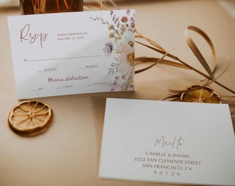 Modelo de cartão postal RSVP para casamento de outono com flores silvestres (download digital) 0282