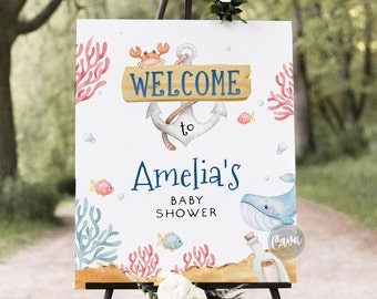 Ocean Baby Shower Welcome Sign Template, Nautical Baby Shower Welcome Poster, Under the Sea Welcome Sign, Welcome Sign Template OB0278