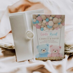 Gender Reveal Teddy Bear Shower Invitation, Blue and Pink Baby Shower Invite, Girl or Boy Baby Shower Editable Printable Invite WD 224-PB