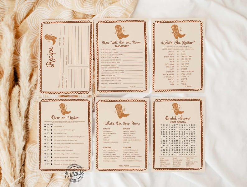 Western Boot Bachelorette Games Bundle - 12 Editable Bridal Shower Games