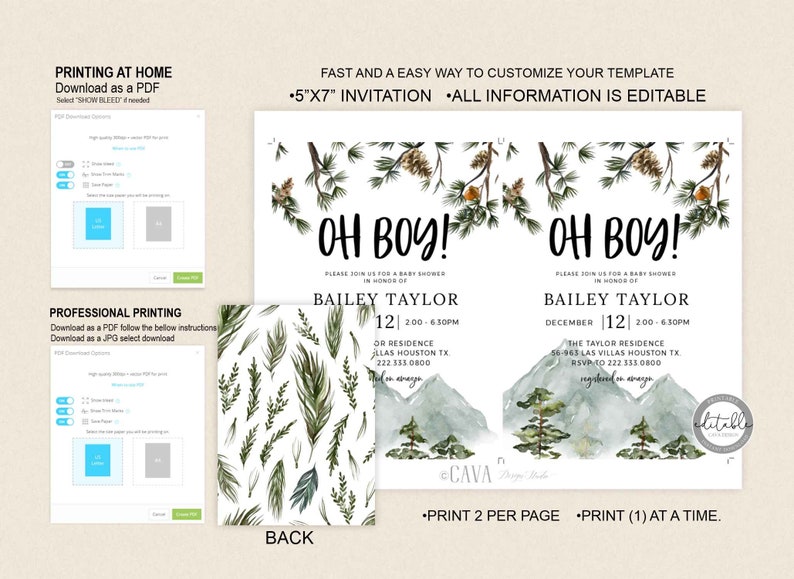 May include: A printable 5x7 inch baby shower invitation with a watercolor mountain and forest design. The invitation says "Oh Boy!" and includes the text "Please join us for a baby shower in honor of Bailey Taylor" and the date and time of the event. The back of the invitation features a repeating pattern of green leaves and branches.