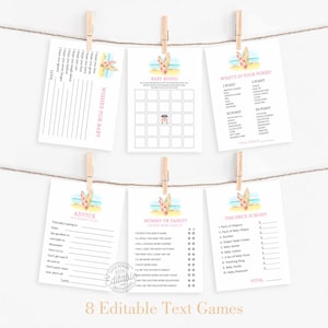 May include: Eight printable baby shower game cards with a beach theme. The cards feature a pink and yellow surfboard with a watercolor design. The games include "Baby Bingo", "What's in Your Purse", "Advice", "Mommy or Daddy", and "The Price is Right".