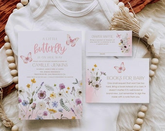 Butterfly Wildflower Girl Baby Shower Invitation Set, Pink Butterfly Girl Baby Shower, Boho Wildflower Baby Shower Invite, 0261