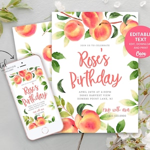 Editable Peach Birthday Invitation, Peach Theme Party Invitation Template, Girl Summer Peach Birthday Invite, Download Printable 0337